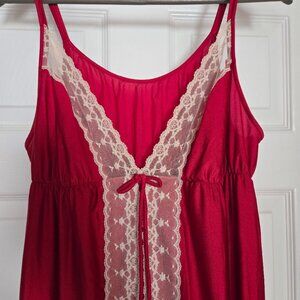 Vintage Shadowline Red Lace Nightgown | 70s 80s Nylon Valentine Lingerie | M